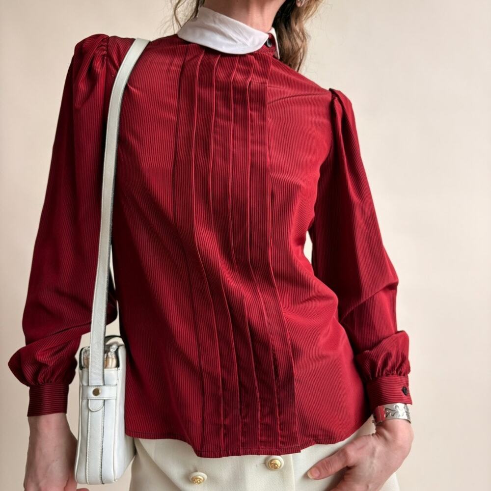 Albert Nipon Claret Pintuck Blouse - Peter Pan Collar, Puff Sleeves, Size 4 - Picture 4 of 7